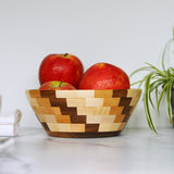 Walnut, Cherry, and Maple Segmented Fruit Bowl, shown with fruit, front view, 7.5" x 3"