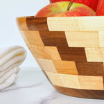 Walnut, Cherry, and Maple Segmented Fruit Bowl, Close up  view, 7.5" x 3"