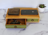 Quartersawn White Oak and Walnut keepsake box, General Green milk paint finish on drawer fronts, shown with phone wallet and keys, top view, 12" x 6" x 2.75" 