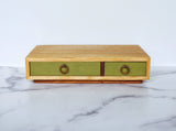 Quartersawn White Oak and Walnut keepsake box, General Green milk paint finish on drawer fronts, front view, 12" x 6" x 2.75" 