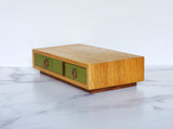 Quartersawn White Oak and Walnut keepsake box, General Green milk paint finish on drawer fronts, Isometric view, 12" x 6" x 2.75" 