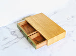 Quartersawn White Oak and Walnut keepsake box, General Green milk paint finish on drawer fronts, drawers opened, top isometric view, 12" x 6" x 2.75" 