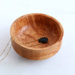 Big leaf Maple burl trinket dish, top view, shown with lava stone necklace inside, 4" x 1.75"